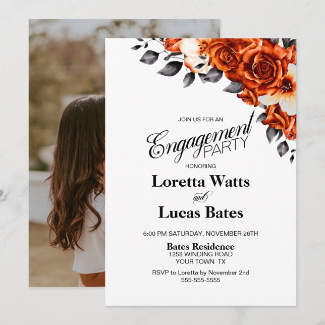 Burnt Orange Rose Floral Photo Engagement Party Invitation (Front/Back)