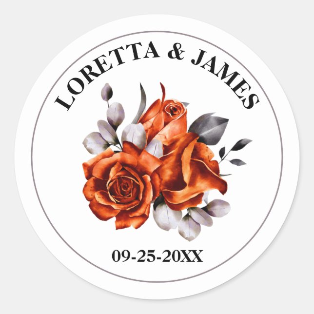 Burnt Orange Rose Floral Wedding Classic Round Sticker (Front)