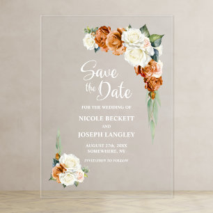 Burnt Orange Rose Floral Wedding Save the Date Acrylic Invitations