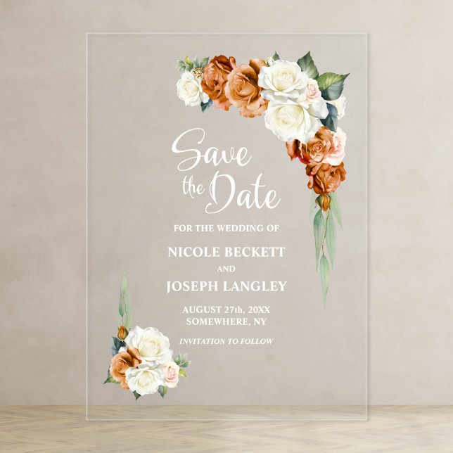 Burnt Orange Rose Floral Wedding Save the Date Acrylic Invitations (Creator Uploaded)