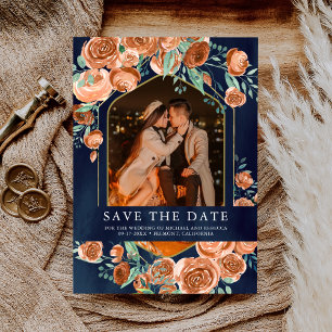 Burnt Orange Rose Terracotta Floral Navy Wedding Save The Date