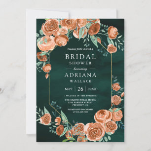 Burnt Orange Roses Floral Emerald Bridal Shower Invitation