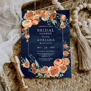 Burnt Orange Roses Floral Navy Blue Bridal Shower Invitation