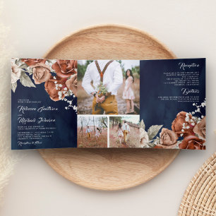 Burnt Orange Roses Photo Collage Navy Blue Wedding Tri-Fold Invitation