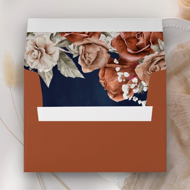 Burnt Orange Roses Terracotta Floral Navy Blue Envelope (Creator Uploaded)