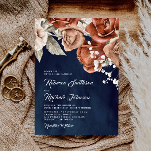Burnt Orange Roses Terracotta Floral Navy Wedding Invitation