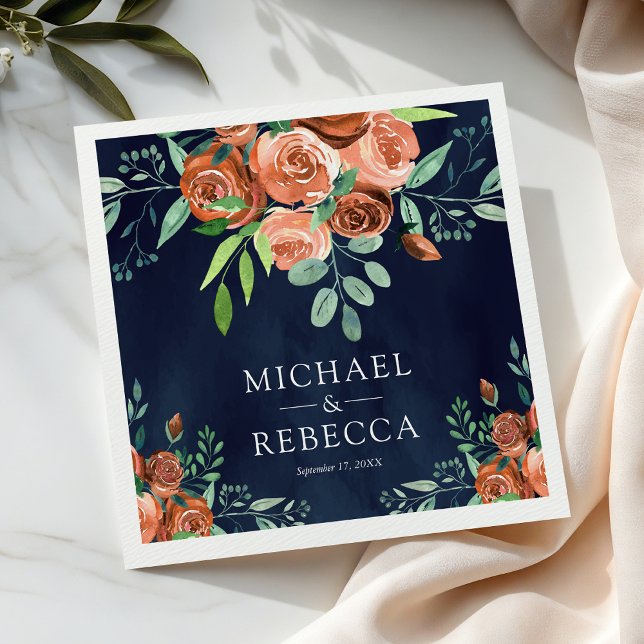 Burnt Orange Roses Terracotta Floral Navy Wedding Napkin (Creator Uploaded)