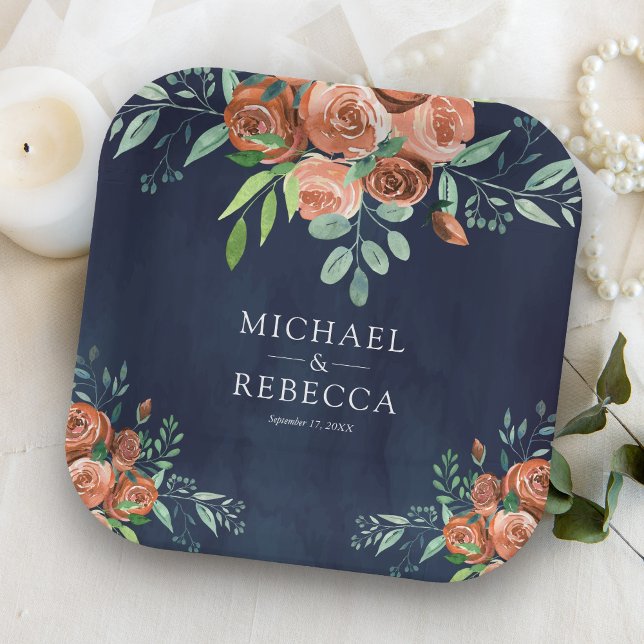 Burnt Orange Roses Terracotta Floral Navy Wedding Paper Plate (Creator Uploaded)