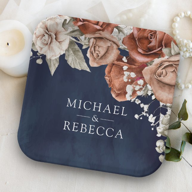 Burnt Orange Roses Terracotta Floral Navy Wedding Paper Plate (Creator Uploaded)