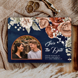 Burnt Orange Roses Terracotta Floral Navy Wedding Save The Date