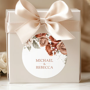 Burnt Orange Roses Terracotta Floral Wedding Favou Classic Round Sticker