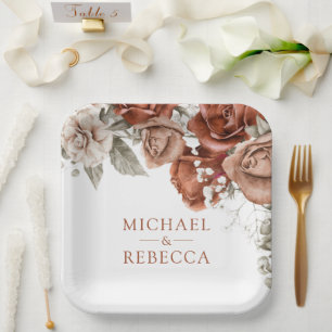 Burnt Orange Roses Terracotta Floral Wedding Paper Plate