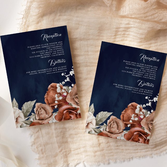 Burnt Orange Roses Terracotta Wedding Details Navy Enclosure Card (Creator Uploaded)