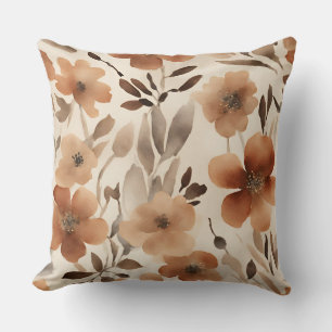 Burnt Orange Rust Brown Beige Watercolor Floral Cushion