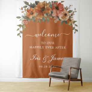 Burnt Orange Rust Copper Floral Wedding Backdrop Tapestry