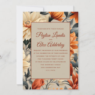 Burnt Orange Rust  Cream Autumn Floral Wedding Invitation