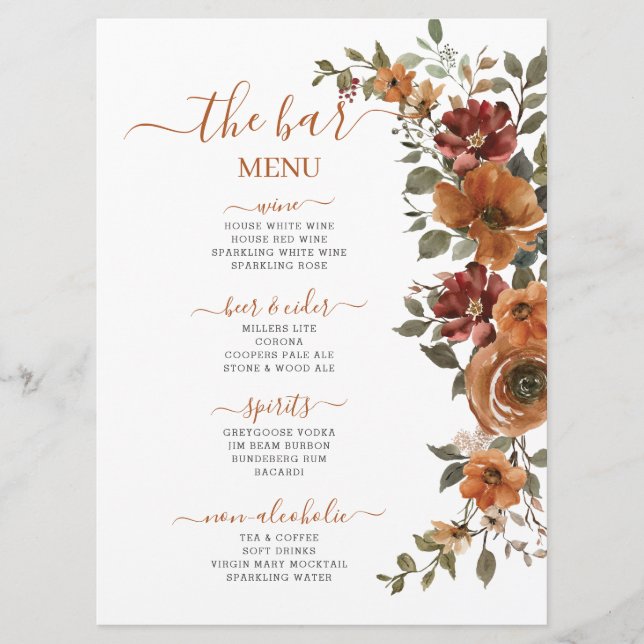 Burnt Orange Rust Floral Fall Wedding Drinks Bar Menu (Front)