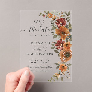 Burnt Orange Rust Floral Wedding Save the Date Acrylic Invitations