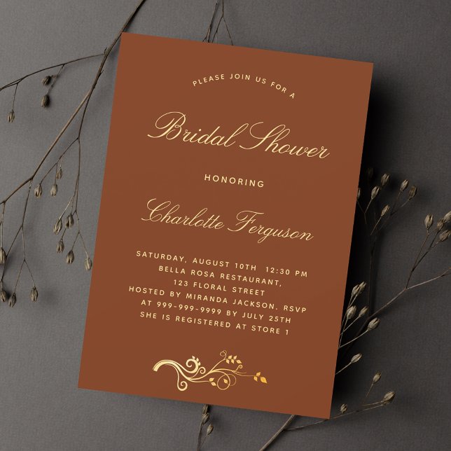 Burnt orange rust gold script bridal shower invitation postcard (Creator Uploaded)