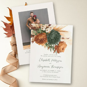 Burnt Orange Rust Green Boho Pampas Fall Wedding Invitation