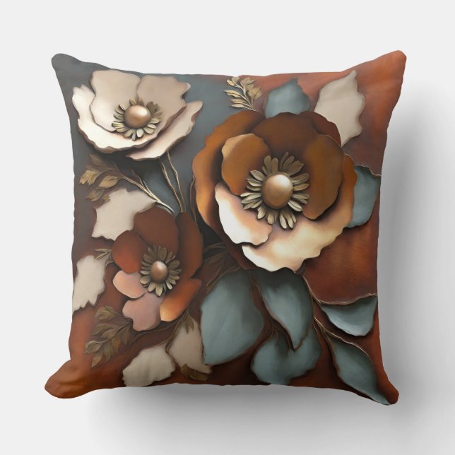 Burnt Orange Rust Teal Floral Print Cushion (Front)