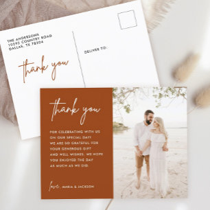 Burnt Orange Rust Wedding Photo Thank You Postcard