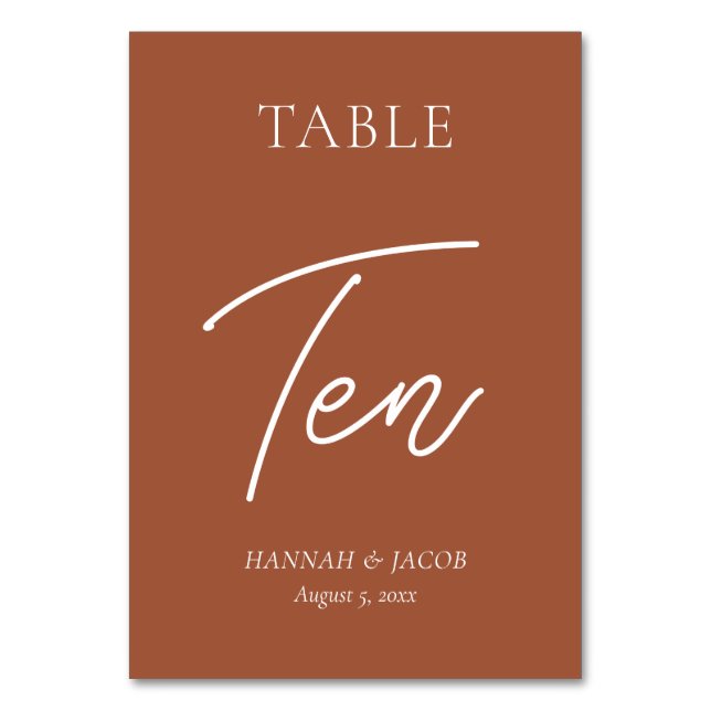 Burnt Orange Rust Wedding Ten Table Number (Front)