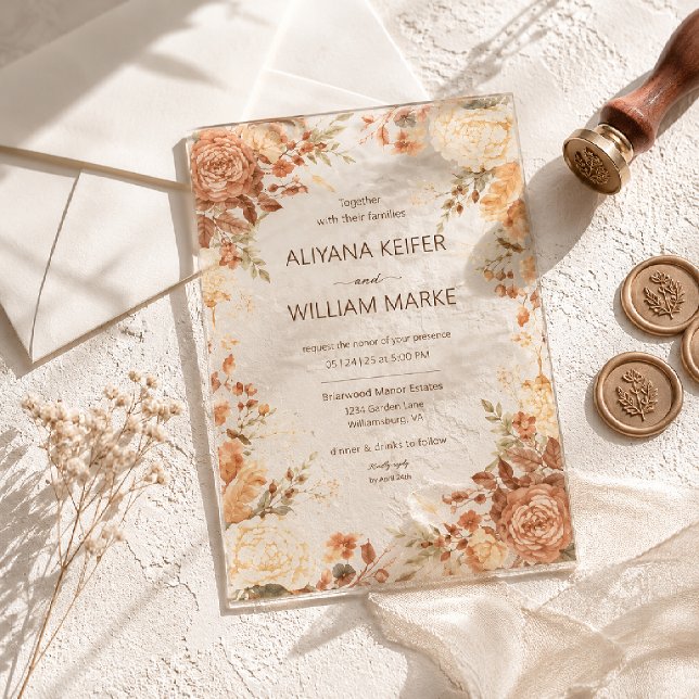 Burnt Orange Rustic Fall Leaves Autumn Wedding  Acrylic Invitations (Creator Uploaded)