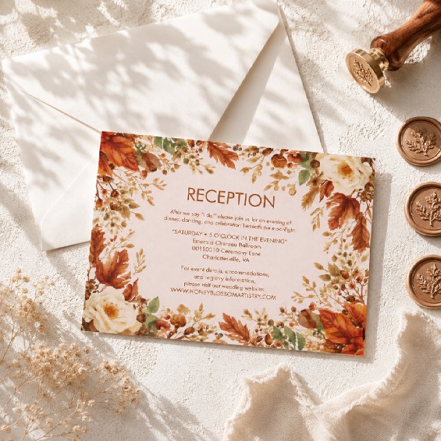 Burnt Orange Rustic Fall Leaves Wedding Reception Enclosure Card (Creator Uploaded)