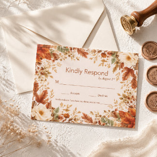 Burnt Orange Rustic Fall Leaves Wedding RSVP Card