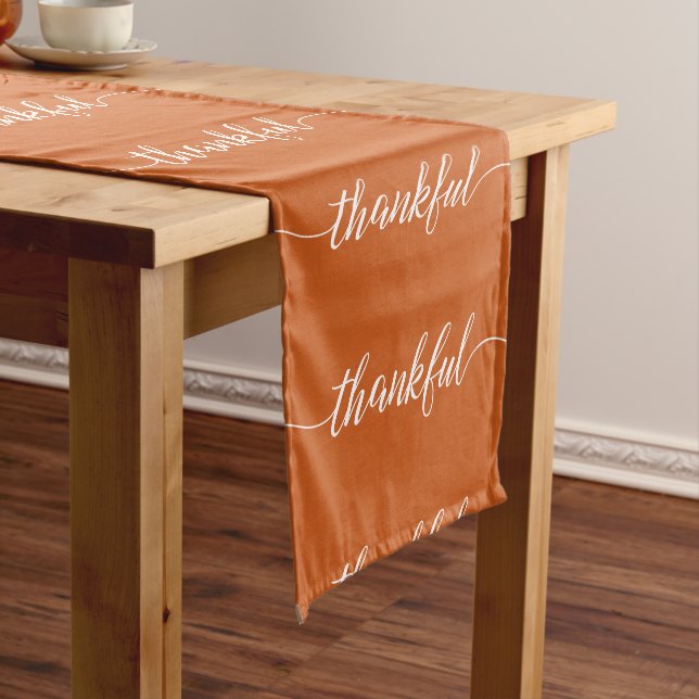 Burnt Orange Rustic Thanksgiving Thankful script Short Table Runner (In Situ)