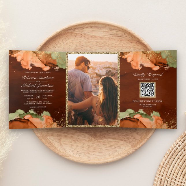 Burnt Orange Sage Abstract Ink QR Code Wedding Tri-Fold Invitation (Creator Uploaded)