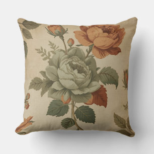 Burnt Orange Sage Green Vintage Floral Print Cushion