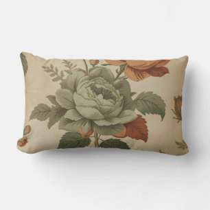 Burnt Orange Sage Green Vintage Floral Print Lumbar Cushion