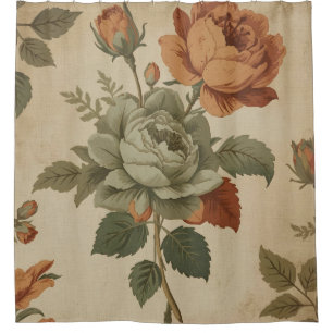 Burnt Orange Sage Green Vintage Floral Print Shower Curtain