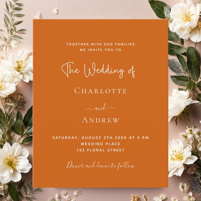 Burnt orange script budget wedding invitation (Creator Uploaded)