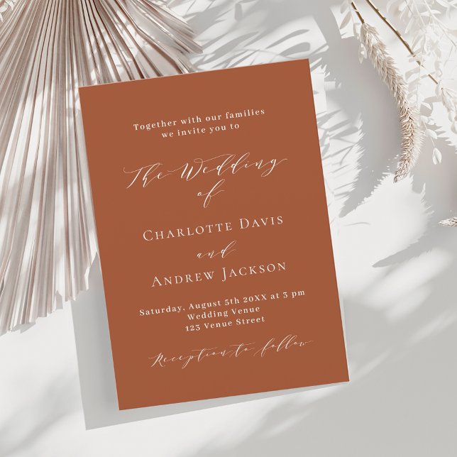 Burnt orange script modern minimalist wedding invitation (Creator Uploaded)