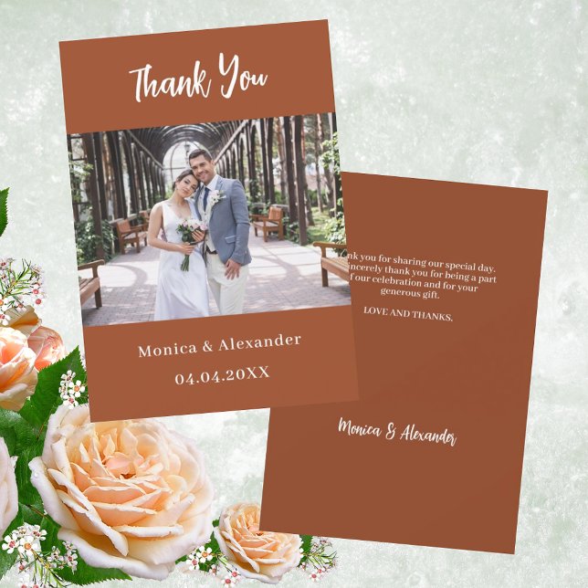 Burnt orange script wedding photo thank you card (Creator Uploaded)