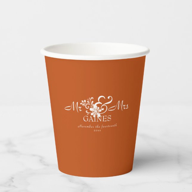 Burnt Orange Shabby Chic Mr & Mr Wedding Paper cup (Front)