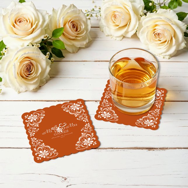 Burnt Orange Shabby Chic Mr & Mrs Wedding Coaster (Creator Uploaded)