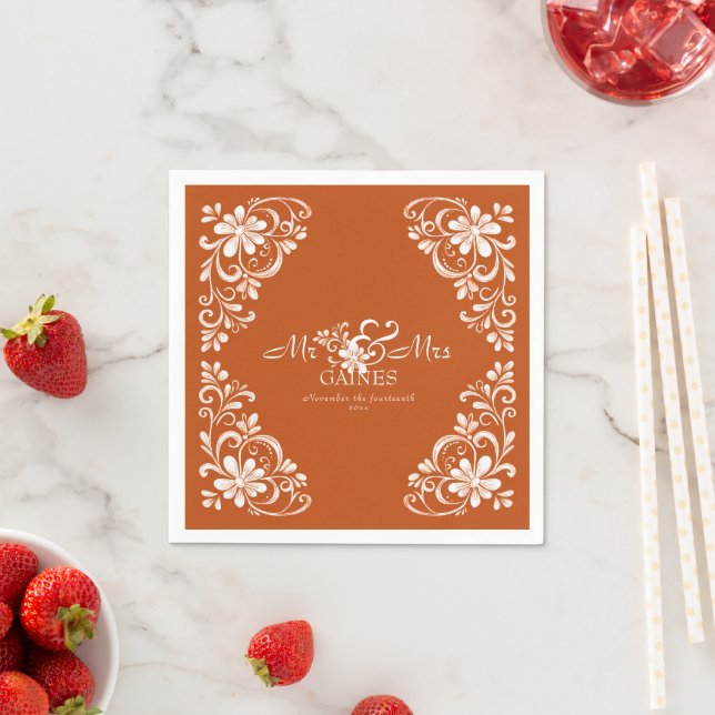 Burnt Orange Shabby Chic Mr & Mrs Wedding Napkin (Insitu)
