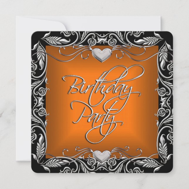 Burnt Orange Silver Black Birthday Party Invitation (Front)
