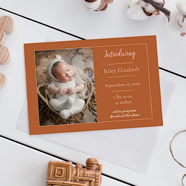 Burnt Orange Simple Photo Birth Announcement (Orange Simple Photo Birth Announcement)