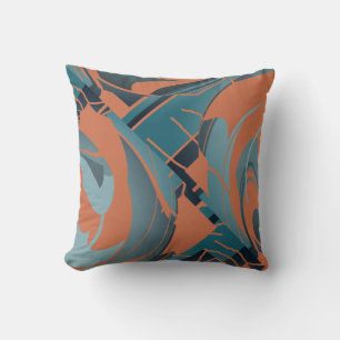 Burnt Orange Slate Seafoam Swiring Lush Leaf Motif Cushion