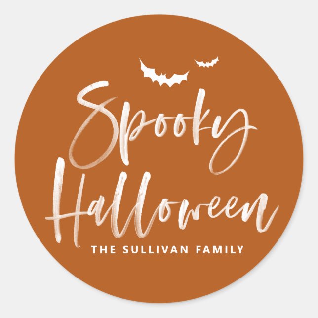 Burnt Orange Spooky Halloween Brush Lettering Classic Round Sticker (Front)