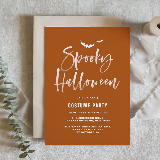 Burnt Orange Spooky Halloween Brush Lettering Invitation (Spooky Halloween party invitation with white brush lettering on burnt orange background.)