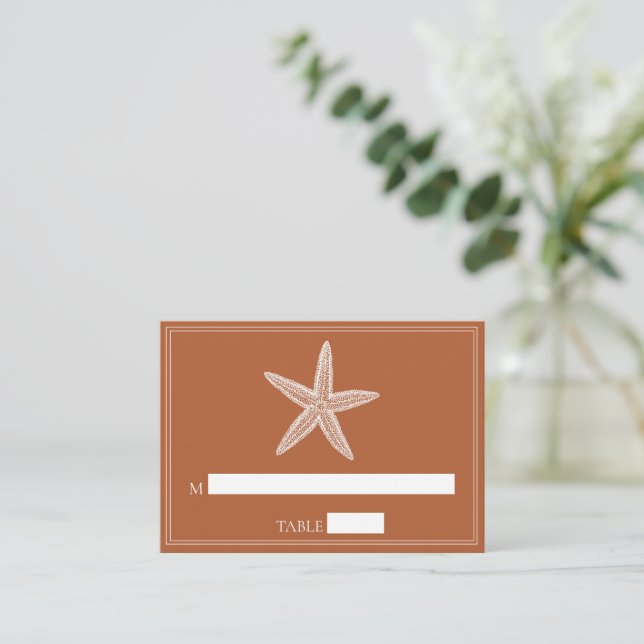 Burnt Orange Starfish Wedding Place Cards (Standing Front)