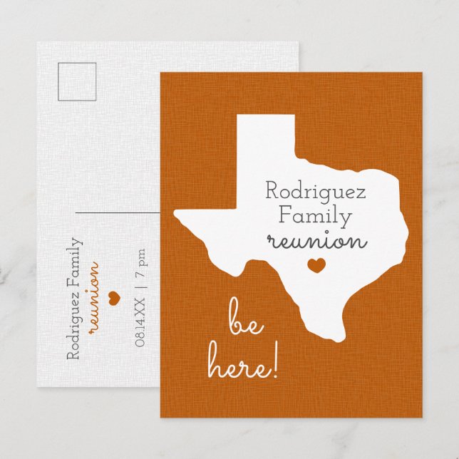 Burnt Orange State of Texas Family Reunion Postcard (Front/Back)