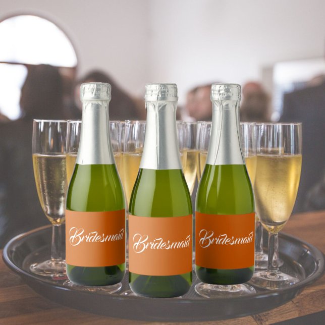 Burnt Orange Stylised Script Wedding Bridesmaid Sparkling Wine Label (In Situ Wedding)