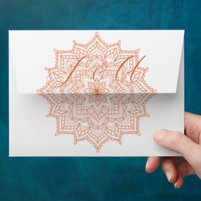 Burnt Orange Sunrise Mandala Summer Fall Wedding Envelope (Hand)